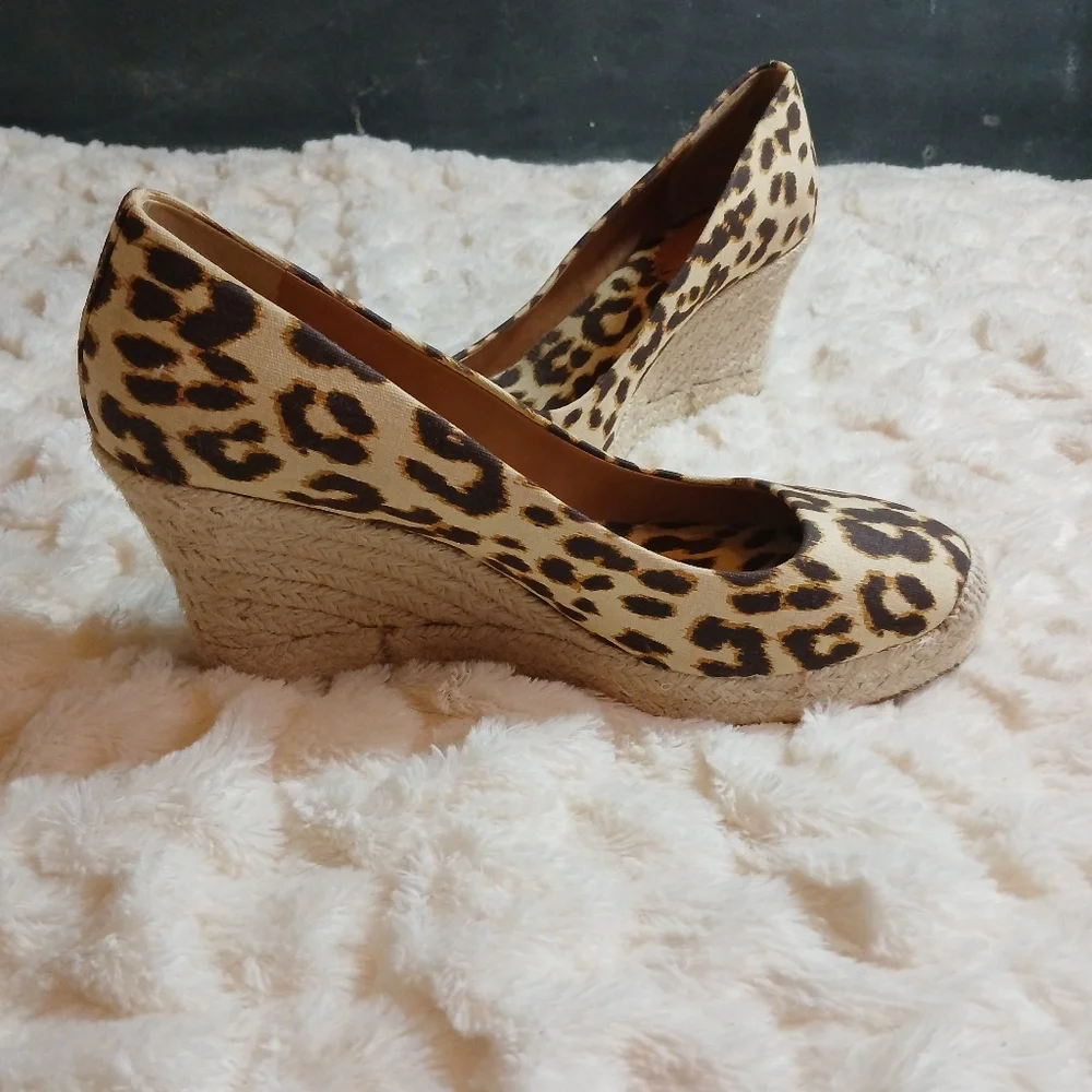 J. Crew Shoes Womens 7.5 Brown Seville Espadrille Wedge Leopard Canvas